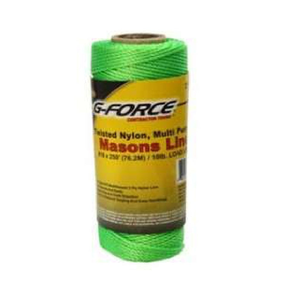 A spool of G-FORCE 27125 Twisted Nylon Mason Line, Neon Green #18 x 250 ft. Tube by G FORCE is shown against a white background, ideal for accurate masonry layout tasks.